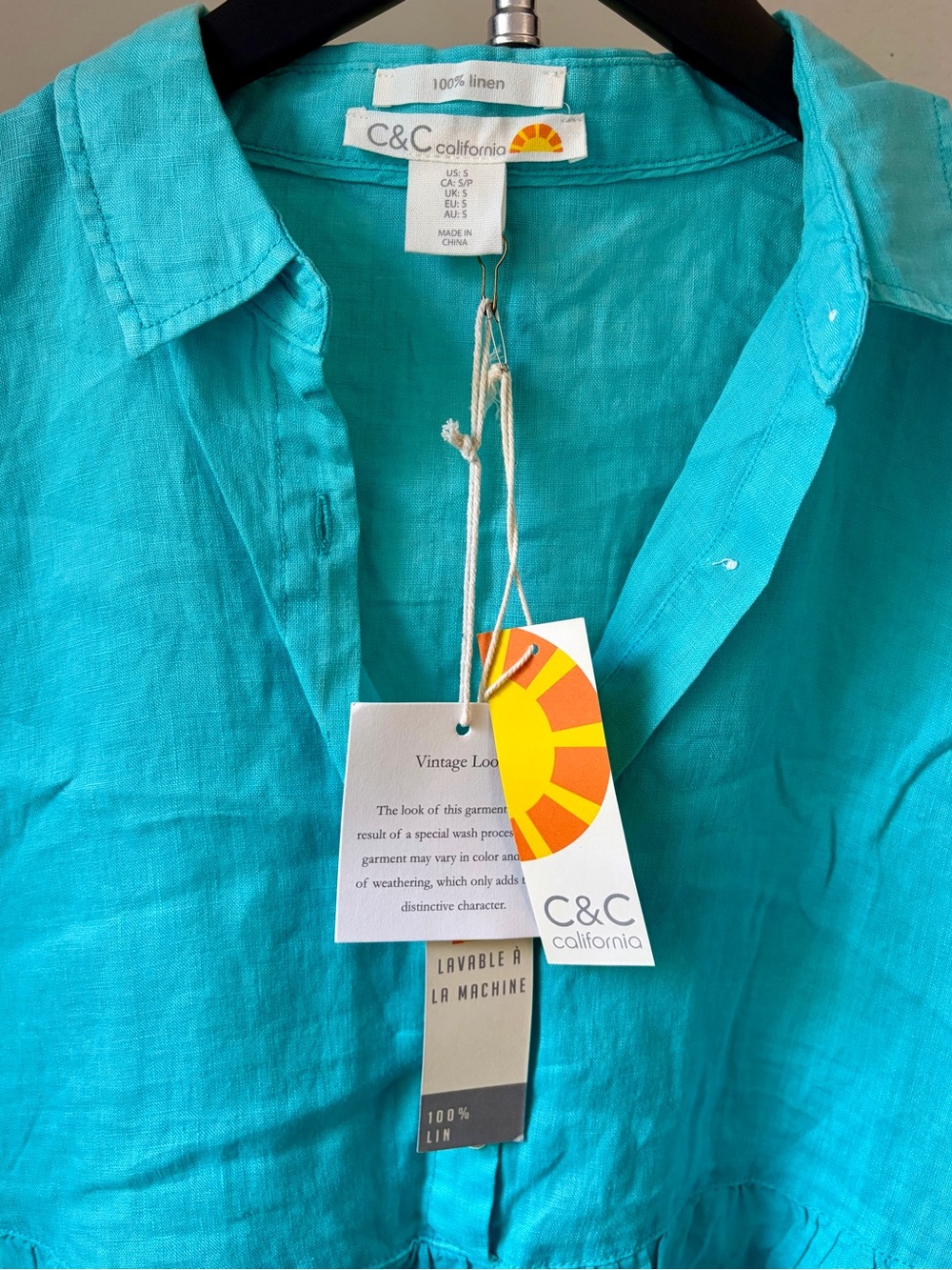C&C California Women’s Turquoise 100% Linen Shirt Size Small
